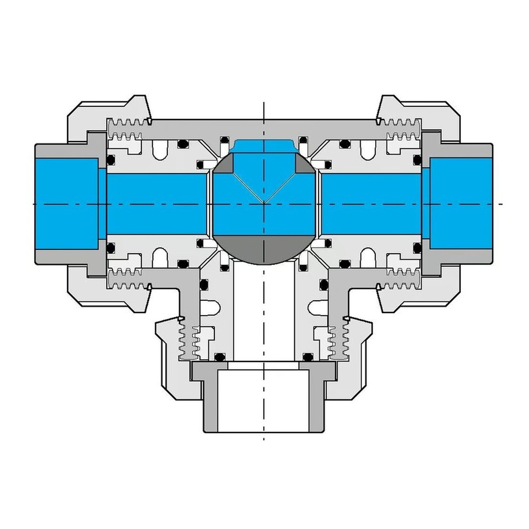 PVC Kulový třícestný ventil 20 mm T 2