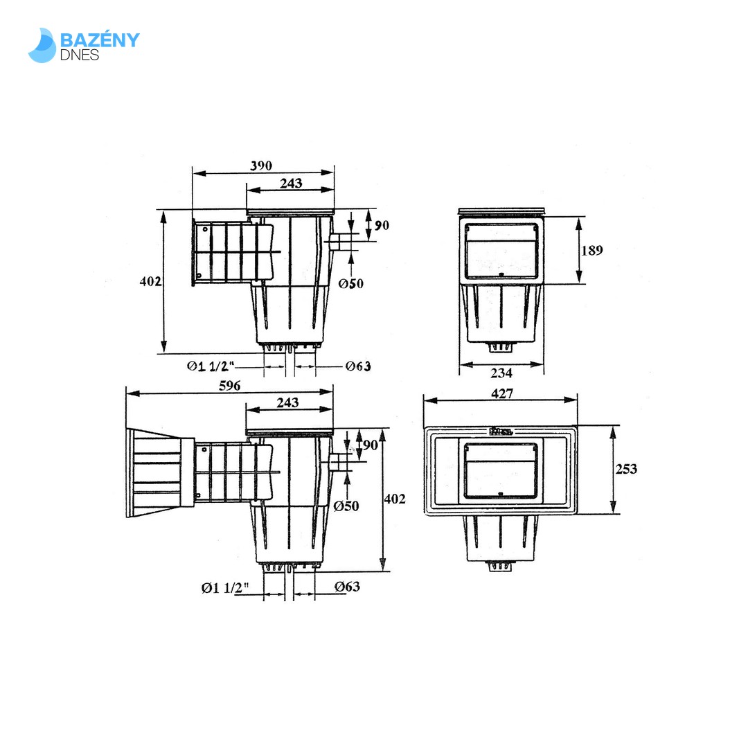 Skimmer Kripsol sání 200 mm x 180 mm, pro fólie, s vak. kotoučem