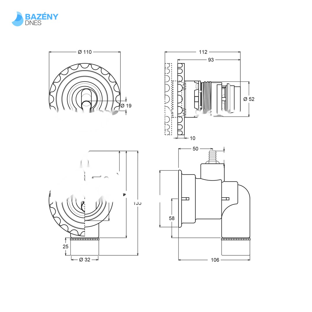 Hydromasážní rotační tryska - - pro předvyrobené bazény