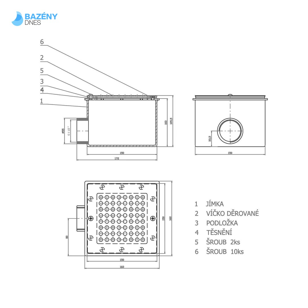 Podlahová výpust NEREZ čtvercová, pro folie