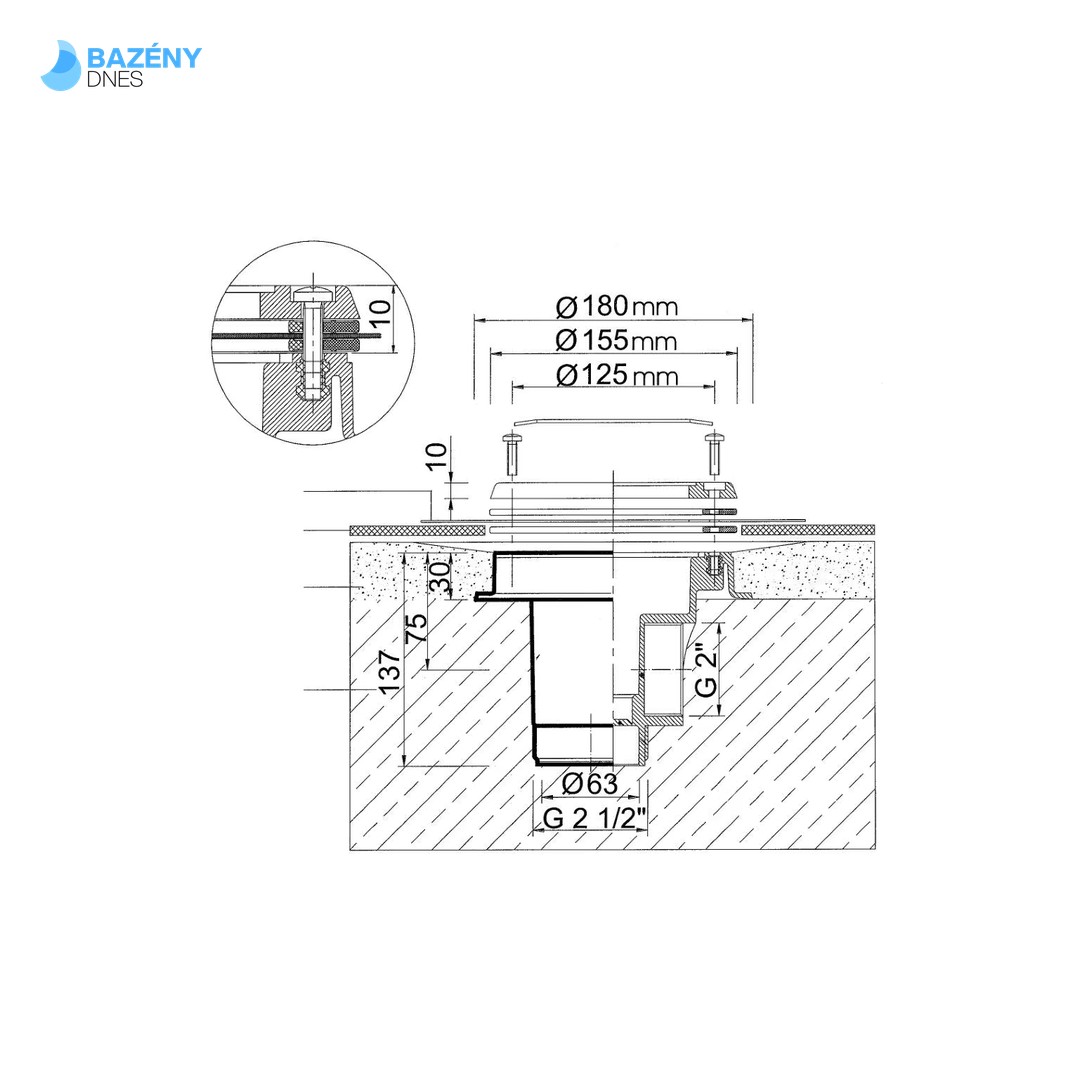 Podlahová výpust ABS, nerez mřížka AISI 316, pro fólii 2