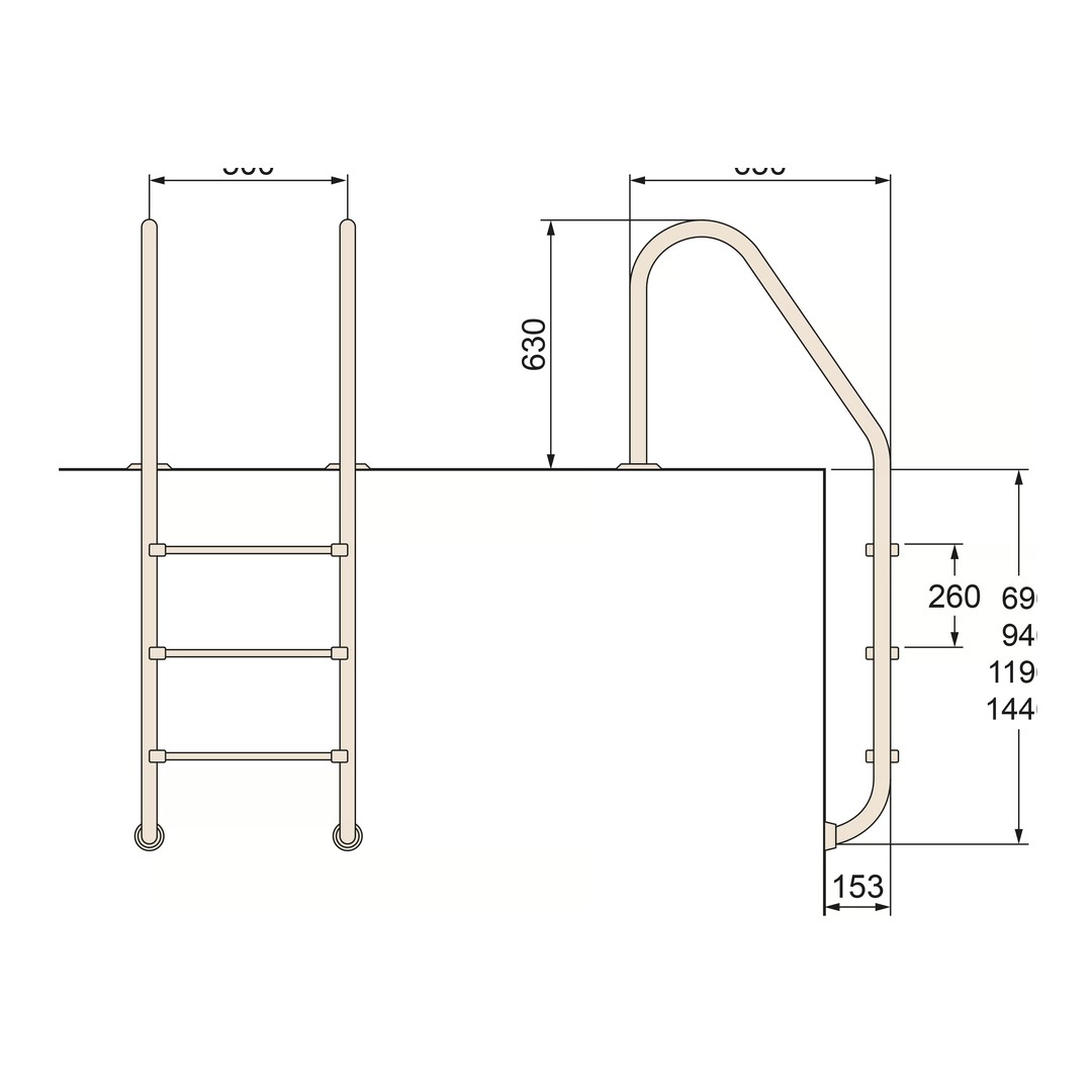 Žebřík nerez Standard s pouzdrem 3 stupňový, AISI 304 6