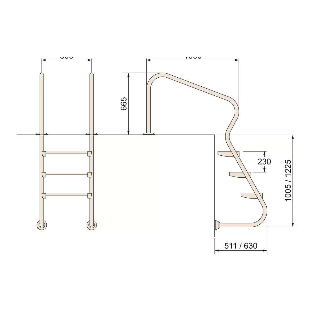 Žebřík nerez Ergo s pouzdrem 3 stupňový, AISI 316 6