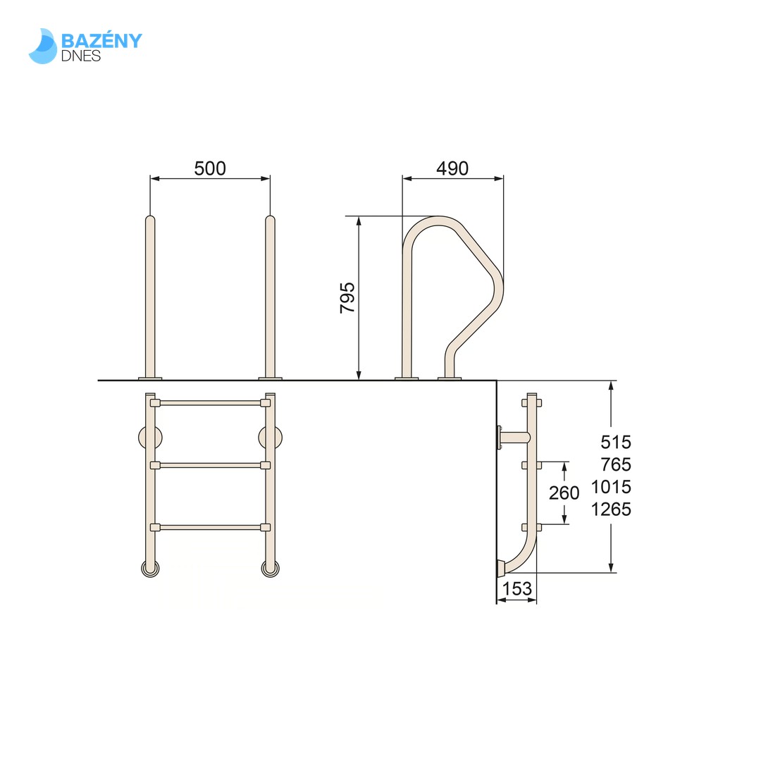 Spodní díl nerezového žebříku - 5 stupňů (kotvení přírubou), AISI 316